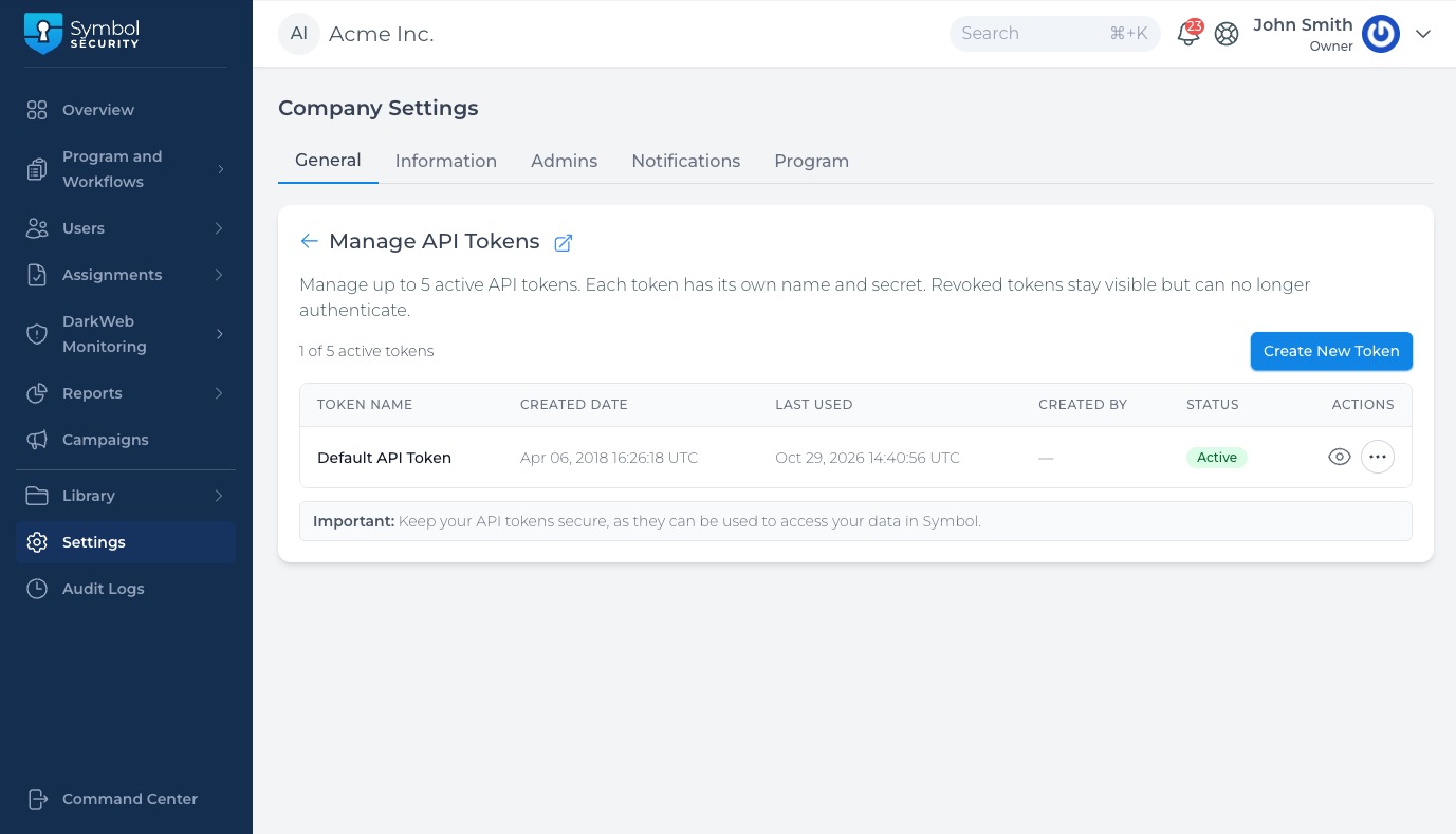 Company Settings - API Manage API Tokens